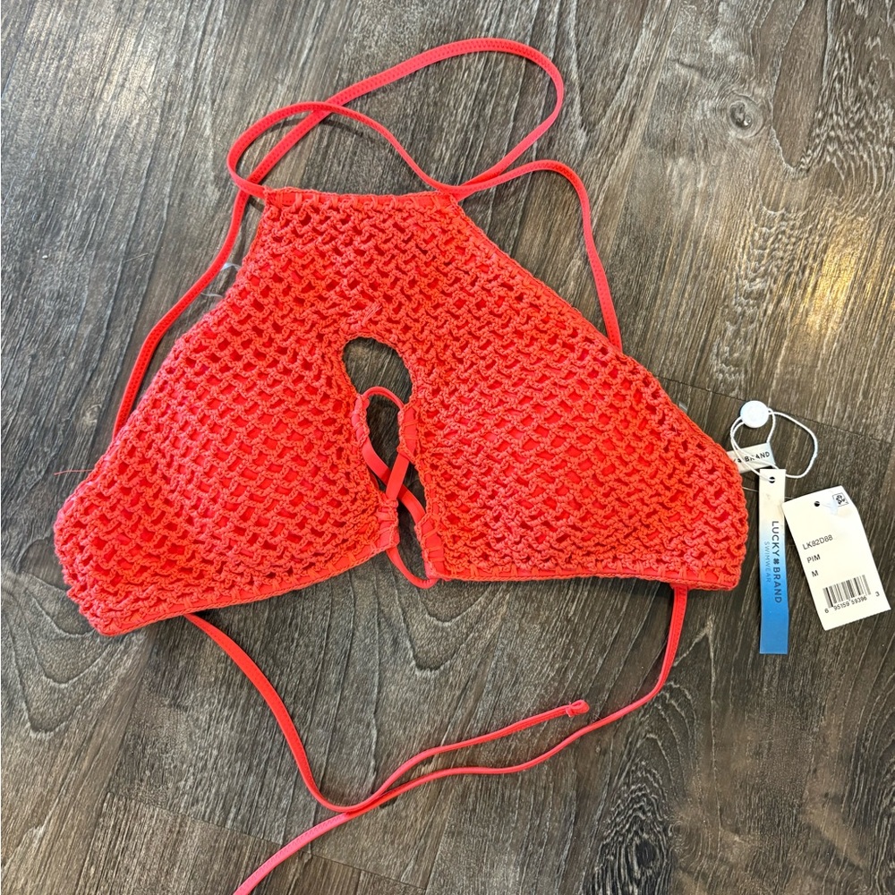 Lucky Brand Bright Red Crochet Swim Top